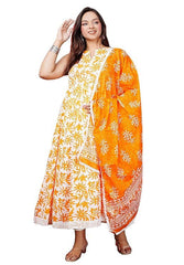 Women's Orange Cotton Floral Printed Anarkali Kurta with Dupatta set