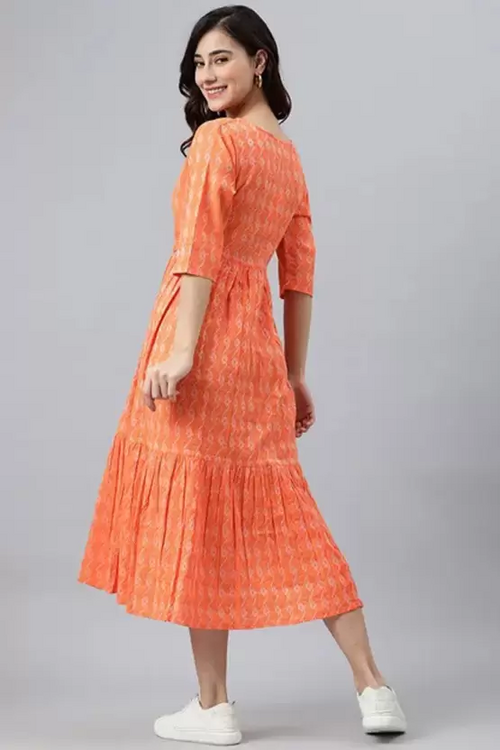 Women Printed Cotton Blend Ethnic Dress  (Orange) size XL