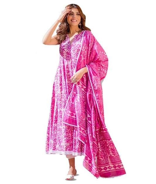 Women's Pink Cotton Floral Printed Anarkali Kurta with Dupatta set