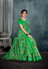 Printed Pure Cotton Saree With Printed Blouse Piece For Women Green