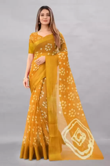 Women's Printed Bandhani Cotton Blend Saree Color Yellow