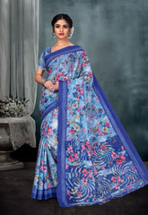 Printed Pure Cotton Saree With Printed Blouse Piece For Women Blue