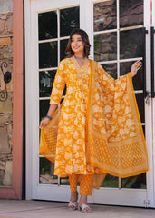 Floral Print Anarkali Kurta, Bottom & Dupatta Set Size L Color Yellow