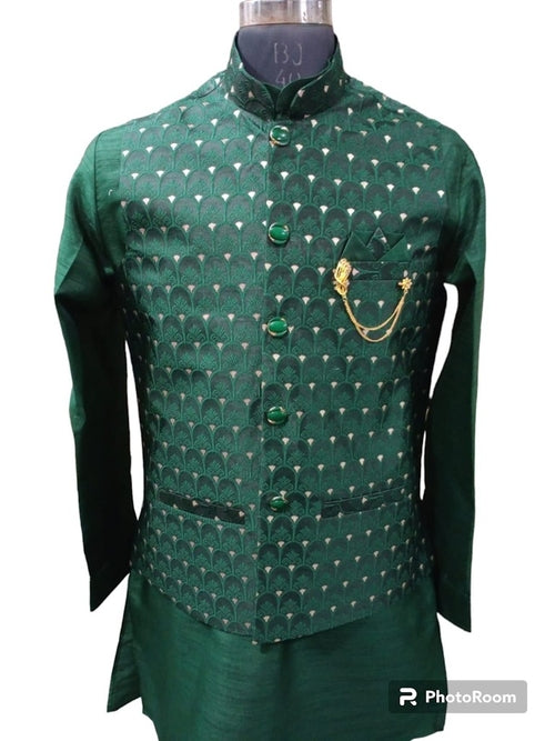 Green Nehru Jacket With Kurta, Size - 40