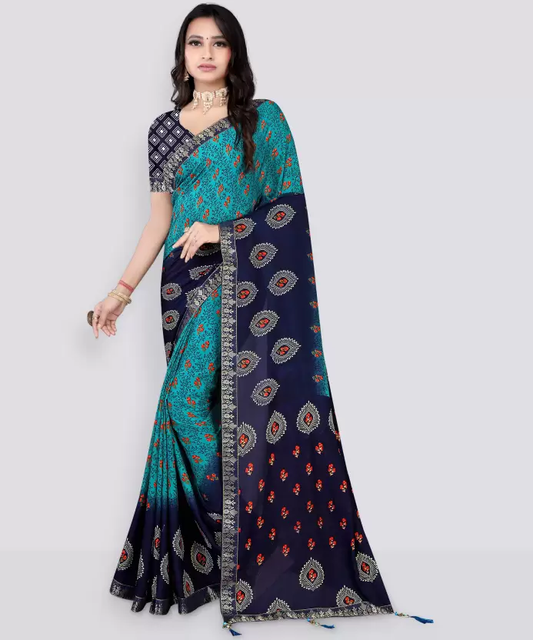 Printed Daily Wear Georgette Saree  (Dark Blue)