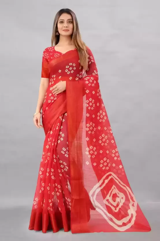 Women's Printed Bandhani Cotton Blend Saree Color Red