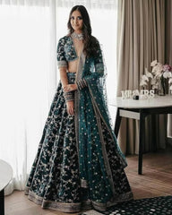 Custom Stiched And CanCan Semi Stitched Blue Velvet Lehenga Choli