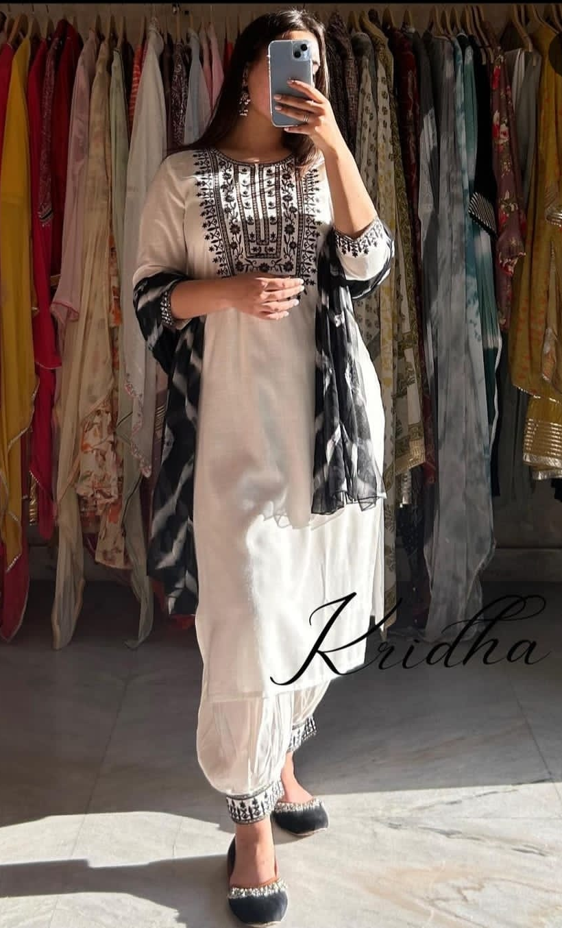 Women White Rayon embroidery work kurti with afgani pant and dupatta