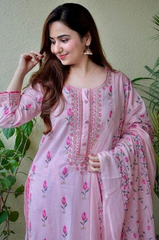 Women Light Pink Rayon kurti with afgani pant and dupatta set Size L