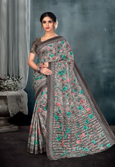 Printed Pure Cotton Saree With Printed Blouse Piece For Women Grey