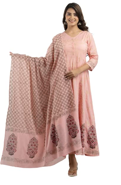 Women's Jaipuri Cotton Anarkali Handblock Print with Button Work and