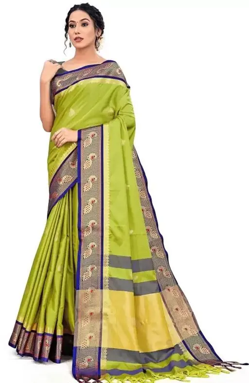 Women'sTraditional Paithani Cotton Silk Saree With Blouse Pieces (