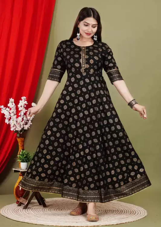 Women Printed Viscose Rayon Anarkali Kurta  (Black) size M