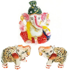 Ganesh Idol for Car Dashboard with Marble Elephant for Diwali Gift