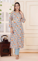 Cotton Fabric Notch Collar Full Sleeve Kurta with Pant for Woman