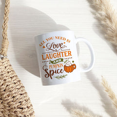 Love Laughter and Pumpkin Spice Mug, Autumn Decor, Thanksgiving Mug,