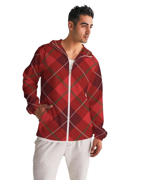 Mens Hooded Windbreaker - Red Tartan Plaid Water Resistant Jacket