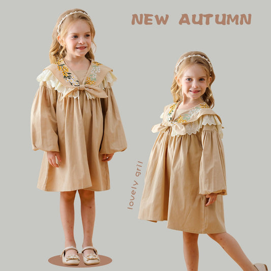 Arrival Autumn Girls Artsy Flowers Embroidery Pattern Collar Long